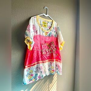 Johnny Was White Pink Yellow Floral Patchwork Blouse